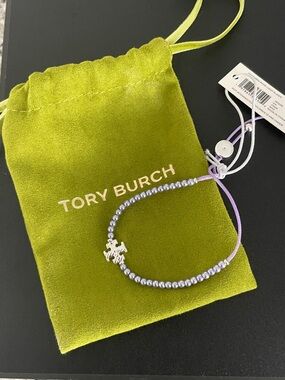 Tory Burch Lavender Beaded Bracelet with Silver Logo Charm
